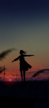 1girl absurdres bird cloud cloudy_sky commentary_request evening floating_clothes floating_hair gradient_sky highres huashijw long_skirt original scenery short_hair skirt sky solo sunset twilight utility_pole wheat_field
