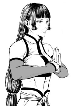 1girl breasts chinese_clothes commentary_request detached_sleeves expressionless greyscale highres lee_(dragon_garou) linea_alba lips long_hair low-tied_long_hair low-tied_sidelocks medium_breasts midriff monochrome original profile sash sidelocks sleeves_past_wrists solo upper_body