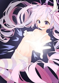 1girl absurdres blue_archive gloves highres long_hair pantyhose pink_hair purple_eyes reisa_(blue_archive) solo striped_clothes twintails unso_(exxxxit) white_gloves