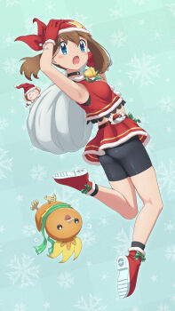 1girl absurdres aqua_eyes ass bell bike_shorts bike_shorts_under_skirt black_choker black_shorts black_socks blue_eyes breasts brown_hair choker christmas commentary crop_top full_body gen_3_pokemon gloves hand_on_own_head hat highres holding holding_sack may_(pokemon) medium_hair midriff neck_bell nintendo open_mouth poke_ball poke_ball_(basic) pokemon pokemon_(creature) pokemon_rse red_gloves red_hat red_shoes red_skirt sack scarletsky shoes shorts skirt small_breasts snowflake_background socks solo torchic