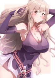 Rule 34 | 1girl, absurdres, alternate breast size, bare shoulders, blush, breasts, brown eyes, brown hair, cleavage, closed mouth, collarbone, dress, elbow gloves, fire emblem, fire emblem awakening, gloves, hands in hair, highres, large breasts, long hair, looking at viewer, nintendo, purple dress, purple gloves, short dress, sleeveless, sleeveless dress, solo, sumia (fire emblem), sweatdrop, to (tototo tk)