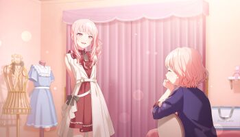 1girl 1other ^_^ akiyama_mizuki akiyama_yuuki arms_behind_back bag bare_arms bare_shoulders black_ribbon blue_dress blurry bokeh closed_eyes collar colorful_palette curtains depth_of_field dress drill_hair drill_ponytail drill_sidelocks frilled_shirt_collar frills game_cg hand_on_own_arm hand_on_own_face high_side_ponytail highres hodokenu_ashita_ni_te_wo_nobashite_(project_sekai) jacket light_blush light_smile long_hair looking_at_another mannequin official_art open_mouth pink_eyes pink_hair project_sekai red_dress ribbon short_hair siblings sidelocks sitting standing third-party_source three-quarter_sleeves unworn_dress upper_body white_jacket white_ribbon