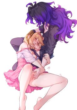 1boy 1girl absurdres aki663 bar_censor bare_legs black_hair blush bottomless breasts censored closed_mouth djeeta_(granblue_fantasy) dress fellatio female_pubic_hair fingering gloves granblue_fantasy hair_intakes hairband heart heart_censor heavy_breathing highres long_hair medium_breasts medium_hair nipples off_shoulder oral orologia_(male) penis pubic_hair purple_hair pussy single_glove spoken_heart spread_legs trembling