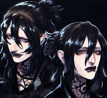 1boy black_hair blackberreh-art blonde_hair_roots commentary design_speculation ear_piercing earrings english_commentary eye_tattoo eyelashes face_piercing gerard_keay goth_fashion highres jewelry lips long_hair makeup male_focus multicolored_hair multiple_piercings neck_tattoo nose_piercing nose_ring piercing scar septum_piercing snakebite_(piercing) tattoo the_magnus_archives