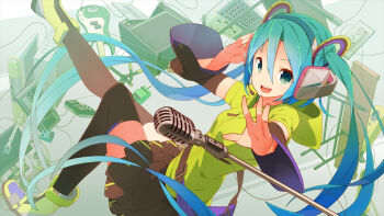 1girl absurdly_long_hair amplifier aqua_eyes aqua_hair aqua_headband behind-the-head_headphones black_skirt black_sleeves black_thighhighs boots computer detached_sleeves effects_pedal fanny_pack folding_table foot_up full_body green_boots green_shirt guitar hair_between_eyes hair_ornament hatsune_miku headband headphones headset holding holding_headphones hooded_shirt instrument laptop leaning_back long_hair looking_at_viewer microphone microphone_stand mixing_console monitor open_mouth pleated_skirt reaching reaching_towards_viewer shirt skirt solo table teeth thighhighs tomioka_jirou twintails twisted_torso upper_teeth_only very_long_hair vocaloid white_background zettai_ryouiki