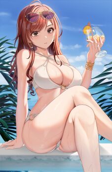 1girl ahoge arisugawa_natsuha asato_mai bare_shoulders bikini blush breasts brown_eyes cleavage collarbone commentary_request criss-cross_halter cup drinking_straw earrings eyewear_on_head feet_out_of_frame food fruit halterneck hand_up highres holding holding_cup idolmaster idolmaster_shiny_colors jewelry large_breasts long_hair looking_at_viewer orange_(fruit) orange_slice red_hair sitting solo sunglasses swimsuit wet white_bikini