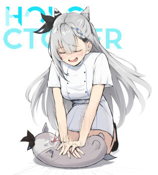 1girl blood blood_from_mouth braid braided_bangs breasts closed_eyes cone_hair_bun cpr crying dress grey_hair hair_bun highres hololive hololive_indonesia medium_breasts nineroine nurse open_mouth seiza short_dress short_sleeves sitting vestia_zeta virtual_youtuber white_background white_dress you're_doing_it_wrong