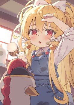 1girl :o arm_up blonde_hair blue_overalls blush bow collared_shirt commentary_request commission dirty granblue_fantasy hair_bow hammer highres hiyaya_(kochi_michikaze) holding holding_hammer long_hair long_sleeves mahira_(granblue_fantasy) open_mouth overalls red_eyes shirt sitting skeb_commission solo sweat white_bow white_shirt