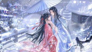 2boys absurdres ahoge alternate_costume alternate_hairstyle architecture artist_request bird black_hair blue_cloak branch bridge building chinese_clothes chinese_commentary cloak commentary_request commission couple east_asian_architecture eye_contact flower fur-trimmed_cloak fur_trim grey_eyes hair_ribbon half_updo hand_on_another's_arm hand_on_another's_cheek hand_on_another's_face hanfu headband height_difference highres holding holding_umbrella lan_wangji lantern long_hair long_sleeves looking_at_another male_focus modao_zushi multiple_boys oil-paper_umbrella outdoors parted_lips pink_hanfu pink_shawl ponytail railing red_ribbon ribbon river robe second-party_source shared_umbrella shawl sidelocks smoke snow snowing standing tree umbrella upper_body water watermark wei_wuxian weibo_watermark white_hanfu white_headband wide_sleeves winter winter_clothes yaoi yellow_eyes