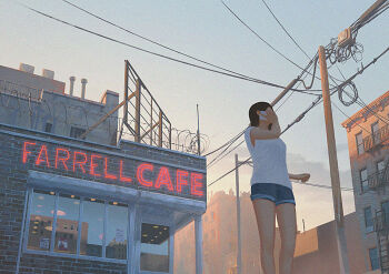 1girl arm_at_side arm_up barbed_wire blue_shorts brick_wall building denim denim_shorts diner evening female_focus holding holding_phone neon_lights original phone power_lines shirt shorts slice_of_life solo standing sunlight talking_on_phone tamaki_(tamaki_illust) white_shirt window