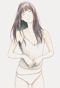 1girl absurdres alternate_costume bbmasa black_hair blunt_bangs blush breasts camisole cleavage closed_eyes closed_mouth collarbone commentary_request cowboy_shot gradient_background grey_background grey_camisole hibike!_euphonium highres liz_to_aoi_tori long_hair medium_breasts panties solo spaghetti_strap straight_hair traditional_media underwear white_panties yoroizuka_mizore