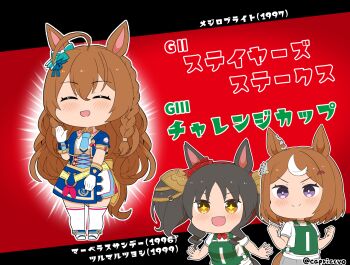 >:) +_+ 3girls :d ahoge animal_ears black_hair blue_jacket blue_skirt blush boots braid brown_eyes brown_hair capriccyo chibi clenched_hands closed_mouth commentary_request cropped_jacket fang fold-over_boots forehead glorious_azure_costume_(umamusume) gloves grey_shorts hair_between_eyes highres horse_ears horse_girl horse_tail jacket long_hair marvelous_sunday_(umamusume) mejiro_bright_(umamusume) multicolored_hair multiple_girls open_mouth original_race_uniform_(umamusume) parted_bangs purple_eyes shirt shorts skirt smile tail thighhighs thighhighs_under_boots translation_request tsurumaru_tsuyoshi_(umamusume) twin_braids twintails twitter_username two-tone_hair umamusume v-shaped_eyebrows very_long_hair white_boots white_gloves white_hair white_shirt white_thighhighs
