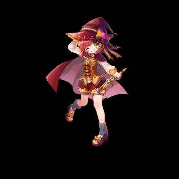 1girl arm_up black_background blush_stickers bow breasts brown_cloak brown_hair brown_jacket brown_shorts charlotte_(merc_storia) clenched_teeth cloak full_body green_eyes hand_on_own_head hat hat_bow highres holding holding_sword holding_weapon jacket merc_storia merc_storia_art_team official_art one_eye_closed outstretched_arm purple_shoes shirt shoes shorts simple_background sleeveless sleeveless_jacket small_breasts smile solo standing striped_bow sword tachi-e teeth weapon white_shirt witch witch_hat