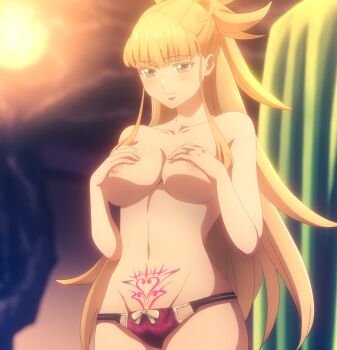 1girl blonde_hair blue_eyes breasts covering_breasts covering_privates highres kekkon_yubiwa_monogatari large_breasts long_hair nipples nonaka_himeno solo stitched third-party_edit