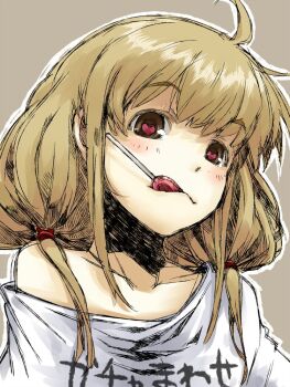 10s 1girl blonde_hair brown_eyes candy collarbone female_focus food futaba_anzu heart heart-shaped_pupils idolmaster idolmaster_cinderella_girls long_hair ofuro_mantarou shirt simple_background solo symbol-shaped_pupils twintails