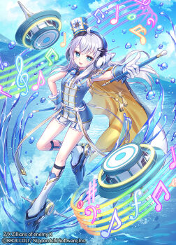 1girl 90kyuuri ahoge bass_clef beamed_eighth_notes blue_eyes blue_shirt blue_sky boots cloak cloud cloudy_sky copyright_notice eighth_note forte_(symbol) gloves grey_hair hat headphones holding holding_stick long_hair mini_hat mini_shako_cap musical_note musical_staff ocean official_art open_mouth outdoors quarter_note shako_cap sharp_sign shirt short_shorts shorts sixteenth_note sky sleeveless sleeveless_shirt sparkle splashing stick thigh_boots treble_clef white_gloves whole_note yui_(z/x) z/x