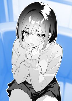 1girl absurdres blue_background blurry blurry_background blush breasts commentary_request greyscale_with_colored_background hair_intakes highres large_breasts looking_at_viewer maika_(ogata) miniskirt mole mole_under_eye ogata_(ogt_illust) original pleated_skirt short_hair skirt solo sweater textless_version