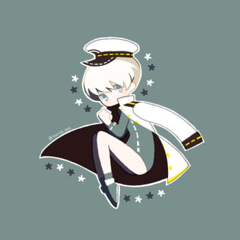 1girl blue_background blue_dress blue_eyes blue_shoes coat coat_on_shoulders commentary_request dress fetal_position kantai_collection long_sleeves looking_at_viewer military military_uniform outline reverse_trap shoes short_hair simple_background solo tanba_(tanba-art) white_coat white_outline z1_leberecht_maass_(kancolle)