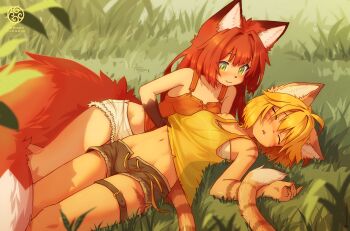 2girls amayon animal_ears belt blonde_hair blush breasts brown_shorts cat_ears cat_girl cat_tail chest_sarashi clothes_lift criss-cross_straps fox_ears fox_girl fox_tail furry green_eyes groin hand_under_clothes highres lifting_another&#039;s_clothes long_hair looking_at_another lying multiple_girls navel on_back on_grass on_ground on_side orange_hair original parted_lips saliva sarashi see-through_clothes see-through_tank_top short_hair short_shorts shorts sleeping small_breasts smile stomach tail tank_top thigh_belt thigh_strap white_shorts yellow_tank_top yuri