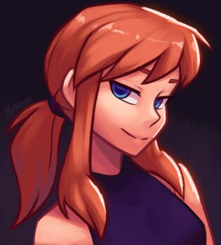 1girl a_hat_in_time aged_up alternate_costume bare_shoulders blue_eyes brown_hair closed_mouth commentary english_commentary hair_tie hat_kid highres looking_at_viewer looking_to_the_side no_headwear ponytail purple_shirt shirt sidelocks sleeveless sleeveless_shirt smile solo split_mouth xyronii