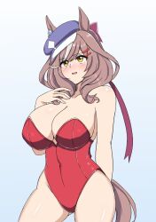 Rule 34 | 1girl, alternate costume, blush, breasts, brown hair, cleavage, collarbone, commentary request, covered navel, hair between eyes, hair ornament, hairclip, hat, horse girl, large breasts, leotard, matikane tannhauser (umamusume), neo gyzar, open mouth, playboy bunny, ribbon, simple background, solo, umamusume, white background, yellow eyes