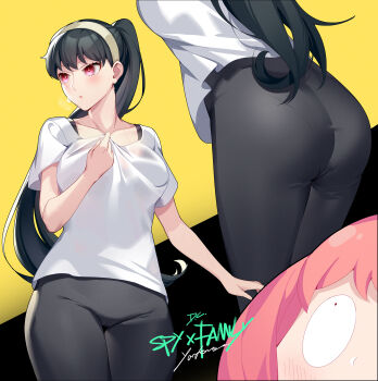 Rule 34 | 2girls, :o, anya (spy x family), ass, black background, black pants, black tank top, blouse, blush, breasts, character name, copyright name, dc (doughertyevans), hairband, highres, large breasts, long hair, mother and daughter, multicolored background, multiple girls, multiple views, pants, pantylines, parted lips, pink hair, ponytail, red eyes, shirt, sportswear, spy x family, sweat, t-shirt, tank top, white hairband, white shirt, wide-eyed, yellow background, yoga pants, yor briar