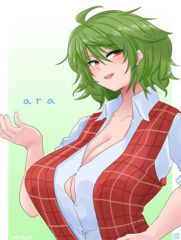 1girl akira_(cookie) ara_ara blush breasts cleavage collared_shirt commentary_request cookie_(touhou) green_background green_hair hair_between_eyes highres itini-sanshi kazami_yuuka large_breasts looking_at_viewer open_clothes open_mouth open_vest plaid_clothes plaid_vest red_eyes red_vest shirt short_hair smile solo touhou upper_body vest white_shirt