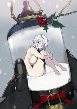 blue_eyes christmas commentary completely_nude covering_privates english_commentary faust_(project_moon) from_side highres holding holding_jar in_container in_jar jar light_smile limbus_company mini_person nude pale_skin project_moon sitting snow tresmarrow white_hair winter