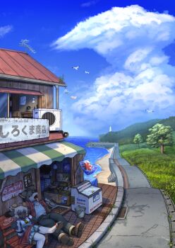 1boy 1girl absurdres awning beach belt bench boots bucket cloud commentary_request day dock food freezer furry furry_female furry_male grass highres holding holding_food holding_popsicle horns lighthouse ocean open_window original outdoors popsicle road sandals scenery sheep_girl sheep_horns shop sign sitting skirt sky summer teruterubouzu tetrapod tongue tongue_out tree window wolf_boy wolfeed