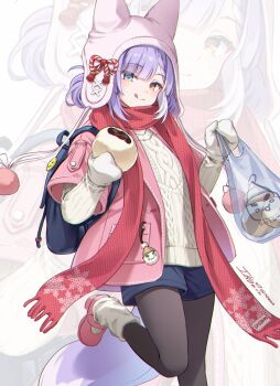 1girl :q blue_shorts brown_pantyhose cable_knit closed_mouth commentary hat heterochromia highres ika_(4801055) jacket long_hair long_sleeves looking_at_viewer mittens multicolored_hair open_clothes open_jacket pantyhose pink_jacket pink_scarf pink_shoes purple_hair scarf shoes short_shorts shorts simple_background smile socks solo stellive streaked_hair sweater symbol-only_commentary tenko_shibuki tongue tongue_out virtual_youtuber white_background white_socks white_sweater winter_clothes zoom_layer