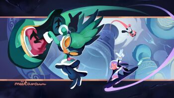 1girl 2boys absurdres beak bird character_request feathers goggles green_feathers highres hoverboard miitara multiple_boys purple_feathers smirk solo_focus sonic_(series) sonic_riders_(series) sunglasses
