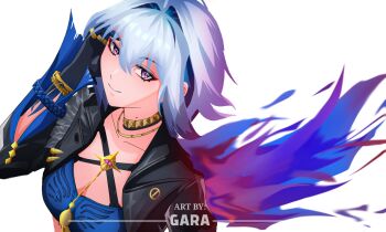 1girl black_jacket blue_bra blue_hair blue_hands bra bracelet breasts closed_mouth commentary cropped_jacket galbrena_(wuthering_waves) gara_82666775 gold_choker hair_between_eyes highres jacket jewelry medium_hair mole mole_on_neck multicolored_eyes multicolored_hair necklace ring single_wing smile solo underwear white_hair wings wuthering_waves