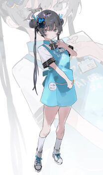 1girl angel&#039;s_24_uniform_(blue_archive) apron aqua_apron binetsu_3_bina black_bow black_bowtie black_hair blue_archive bow bowtie closed_mouth commentary double_bun grey_eyes grey_halo hair_bun halo highres kisaki_(blue_archive) long_hair looking_at_viewer shoes simple_background sneakers socks sora_(blue_archive) twintails white_background white_shoes white_socks