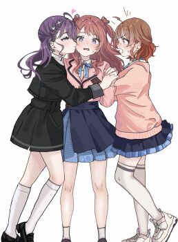 3girls ahoge anger_vein arguing black_jacket black_overskirt black_shoes black_skirt blue_eyes blue_ribbon blue_skirt blush braid brown_hair cardigan closed_mouth commentary cropped_jacket full_body gakuen_idolmaster gokugetsu_gakuen_school_uniform gradient_hair half-closed_eyes hanami_saki hanami_ume hatsuboshi_gakuen_school_uniform heart highres holding_hands idolmaster interlocked_fingers jacket kaya_rinha kneehighs kurodaomusubi medium_hair miniskirt multicolored_hair multiple_girls neck_ribbon open_mouth parted_lips pink_cardigan pink_jacket pleated_skirt purple_eyes purple_hair ribbon school_uniform scowl shirt shoes short_hair siblings sidelocks simple_background sisters skirt smirk smug sneakers socks standing sweat sweatdrop thighhighs twintails two-tone_hair two_side_up v-shaped_eyebrows white_background white_shirt white_socks white_thighhighs yellow_shoes yuri