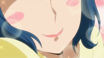 1girl animated animated_gif anime_screenshot blue_hair blush blush_stickers close-up closed_mouth gundam gundam_build_fighters iori_rinko mature_female smile solo sparkle