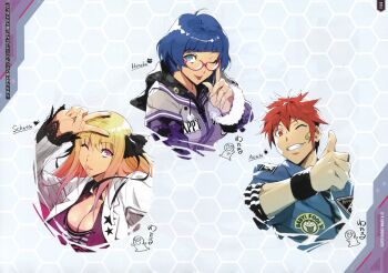 Rule 34 | 1boy, 2girls, absurdres, artbook, blue hair, bodysuit, breasts, character name, cleavage, glasses, hair ribbon, highres, inui asahi, inui honoka, jacket, large breasts, long hair, multiple girls, non-web source, official art, one eye closed, open clothes, open jacket, open mouth, parted lips, pink eyes, ribbon, scan, shatte judevesten, shiny skin, short hair, super robot wars, super robot wars x-omega, upper body, v, very long hair, watanabe wataru (character designer), wink