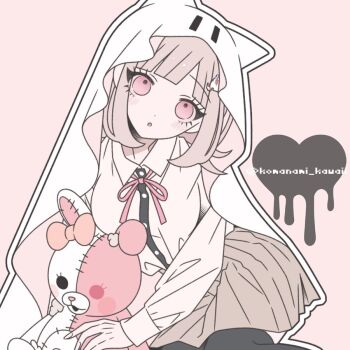 1girl artist_name breasts brown_hair collared_shirt danganronpa_(series) danganronpa_2:_goodbye_despair doll flipped_hair ghost_costume hair_ornament komanami_kawaii long_sleeves looking_at_viewer medium_hair monomi_(danganronpa) nanami_chiaki neck_ribbon no_jacket pink_eyes pink_ribbon ribbon shirt skirt stuffed_animal stuffed_rabbit stuffed_toy thighhighs two-tone_shirt veil white_shirt