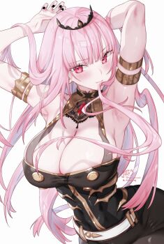 1girl absurdres arm_behind_head armlet armpits arms_up black_dress black_nails blush breasts cleavage closed_mouth commentary dress fingernails floating_hair gold_armlet hair_between_eyes highres hololive hololive_english jewelry kamiya_maneki large_breasts long_hair looking_at_viewer mori_calliope mori_calliope_(1st_costume) nail_polish pink_eyes pink_hair signature simple_background solo tiara twitter_username upper_body very_long_hair virtual_youtuber white_background