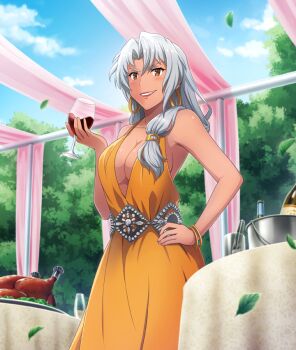 1girl alcohol bare_shoulders blue_sky blush bottle bracelet breasts cleavage cloud collarbone cup dark-skinned_female dark_skin day dress drink drinking_glass earrings falling_leaves food formal_clothes game_cg gold_bracelet grey_hair grin hand_on_own_hip hand_up holding holding_cup holding_drink hoop_earrings jewelry large_breasts leaf long_hair looking_at_viewer maniwa_sana mature_female official_art orange_dress orange_eyes outdoors parted_bangs plunging_neckline ponytail red_lips round_table sideboob sky sleeveless sleeveless_dress smile solo table tablecloth third-party_source toji_no_miko toji_no_miko:_kizamishi_issen_no_tomoshibi turkey_(food) wine wine_bottle wine_glass