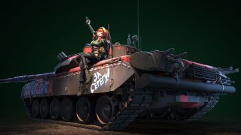 1girl crossed_legs gun handgun headphones highres looking_at_viewer maria_(senrai_maidens) military_uniform military_vehicle motor_vehicle official_alternate_costume official_art one_eye_closed red_hair rifle simple_background sitting smile solo t-80 tank war_thunder weapon