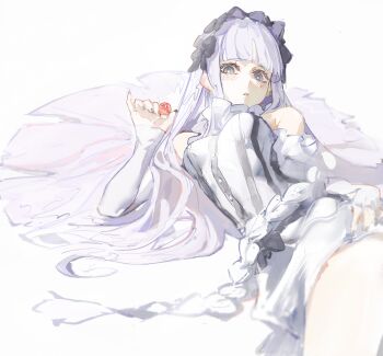 1girl absurdres bare_shoulders black_bow black_eyes blunt_bangs blush bow braid breasts cherry collar commentary_request detached_sleeves dress fate/strange_fake fate_(series) food francesca_prelati_(fate) frilled_collar frills fruit hair_bow highres long_hair looking_at_viewer lying medium_breasts nbrush19 ringed_eyes sidelocks solo striped_clothes striped_dress thighs very_long_hair white_dress white_hair