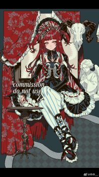 1girl angel animal_skull black_dress blunt_bangs bone bone_hair_ornament bonnet cape commission copyright_request cross-laced_shoes curtains detached_sleeves dress frilled_bonnet frilled_dress frilled_shoes frills grey_eyes hair_ornament highres invisible_chair jewelry light_smile lolita_fashion long_hair looking_to_the_side meat_print necklace pantyhose pearl_necklace pointy_ears red_hair shoes sitting solo spine statue striped_clothes striped_pantyhose table two_side_up vertical-striped_clothes vertical-striped_pantyhose window zuizui