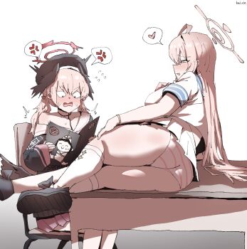 Rule 34 | 2girls, absurdres, anger vein, ass, black hat, black shirt, blue archive, book, chair, commentary, doodle sensei (blue archive), halo, hanako (blue archive), hat, head wings, heart, highres, holding, holding book, kai xin, koharu (blue archive), long hair, multiple girls, on chair, on table, open book, open mouth, panties, pink hair, pink halo, pornography, sensei (blue archive), shirt, sitting, skirt, socks, spoken anger vein, spoken heart, striped clothes, striped panties, table, twintails, underwear, white panties, white shirt, white skirt, white socks, wings