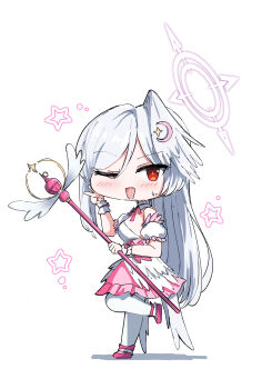 1girl :d absurdres bare_shoulders blue_archive blush commentary_request deformed detached_collar detached_sleeves dress feita frilled_dress frills halo head_wings highres long_hair magical_girl neck_ribbon official_alternate_costume one_eye_closed open_mouth pink_dress pink_ribbon pink_shoes red_eyes ribbon shoes short_sleeves single_hair_intake single_head_wing smile solo suzumi_(blue_archive) suzumi_(magical)_(blue_archive) thighhighs v very_long_hair wand wings