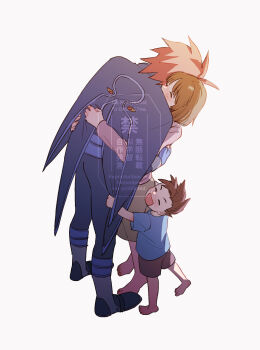 Rule 34 | absurdres, anna irving, barefoot, belt, blue shirt, blush, bob cut, brown hair, cape, cargo shorts, closed eyes, collared cape, dovepopopo, elbow gloves, fingerless gloves, gloves, hair between eyes, highres, hug, kratos aurion, leggings, lloyd irving, medium hair, multiple belts, pink shirt, purple belt, purple cape, purple gloves, purple leggings, purple shirt, purple trim, red hair, shirt, shoes, shorts, simple background, skirt, sleeveless, sleeveless shirt, smile, spoilers, tales of (series), tales of symphonia, white background, white shoes