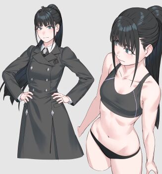 1girl amaya_tsubame black_coat black_hair black_necktie black_panties black_sports_bra blue_eyes breasts coat collarbone collared_shirt commentary_request gakuen_idolmaster grey_background hands_on_own_hips highres idolmaster long_hair long_sleeves looking_at_viewer medium_breasts mole mole_under_eye multiple_views navel necktie panties ponytail shirt sidelocks simple_background sports_bra stomach underwear very_long_hair white_shirt yuuji_(and)