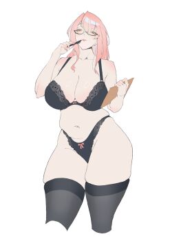 Rule 34 | 1girl, absurdres, bare arms, bare shoulders, belly, black-framed eyewear, black bra, black panties, black thighhighs, bow, bow bra, bow panties, bra, breasts, cleavage, clipboard, collarbone, commentary, cowboy shot, cropped legs, english commentary, groin, hair between eyes, hands up, highleg, highleg panties, highres, holding, holding clipboard, holding pen, large breasts, lee zue ky, lingerie, long hair, looking at viewer, navel, panties, parted lips, pen, pink hair, red bow, semi-rimless eyewear, sidelocks, simple background, skindentation, smile, solo, standing, thighhighs, tsukishiro yanagi, under-rim eyewear, underwear, underwear only, variant set, white background, yellow eyes, zenless zone zero