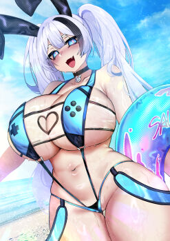 Rule 34 | animal ears, beach, black hair, blue eyes, breasts, choker, cleavage, cleavage cutout, clothing cutout, cosplay, elegg (boom and shock) (nikke), elegg (nikke), elegg (nikke) (cosplay), fang, game controller print, goddess of victory: nikke, heart cutout, highres, holding floatie, huge breasts, long hair, multicolored hair, navel, original, osiimi, outdoors, rabbit choker, rabbit ears, rabbit ornament, sally sinclair, see-through slingshot swimsuit, sky, slingshot swimsuit, smile, solo, standing, swimsuit, thick thighs, thighs, twintails, two-tone hair, two-tone slingshot swimsuit, underboob, white hair, wide hips