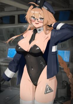 1girl absurdres animal_ears black_gloves black_leotard blonde_hair blue_eyes braid breasts cameltoe commentary cowboy_shot detached_collar english_commentary fake_animal_ears gloves heavy_breathing highres indie_virtual_youtuber jacket large_breasts leotard long_bangs long_braid looking_at_viewer monitor playboy_bunny pussy_juice rectangular_eyewear rhodes_island_logo_(arknights) semi-rimless_eyewear shiny_leotard shiny_skin ship_interior single_braid sweat thighhighs whiskey_project white_thighhighs xerbatt