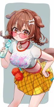 1girl animal_ears bone_hair_ornament braid breasts brown_eyes brown_hair cartoon_bone collar crossed_bangs dog_ears dog_girl dog_tail glasses grey_background hair_between_eyes hair_ornament hand_on_own_hip hololive inugami_korone inugami_korone_(holonatsu_paradise) large_breasts long_hair looking_at_viewer official_alternate_costume pink-tinted_eyewear pleated_skirt pom_pom_(clothes) ramune red_collar shirt skirt solo stomach tail tinted_eyewear twin_braids two-tone_background virtual_youtuber white_background white_shirt yellow_skirt yun_bo_(yumbocchi)